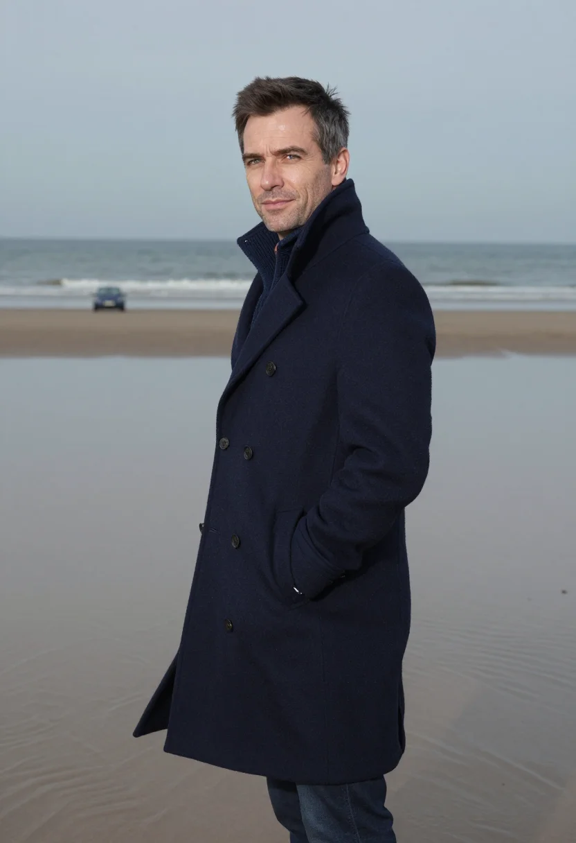 AI deauville mustang november navy sample — portrait of a man, framed three-quarter length from the head
