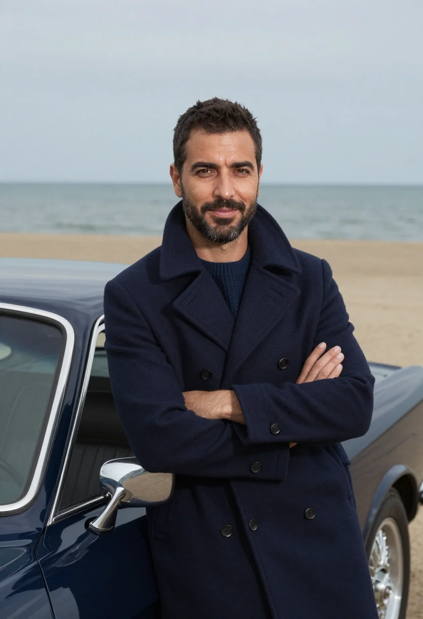 AI deauville mustang november navy sample — portrait of a man, framed waist-up from the head to the wais