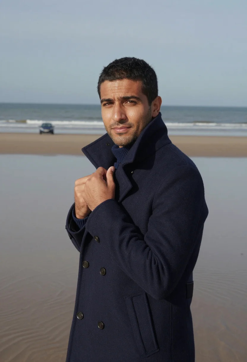 AI deauville mustang november navy sample — portrait of a man, framed chest-up, cropped at the ribs, the