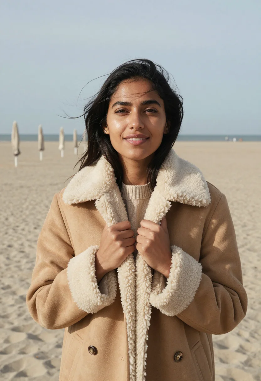 AI deauville planches november sheepskin sample — portrait of a woman, framed chest-up, cropped at the ribs, t