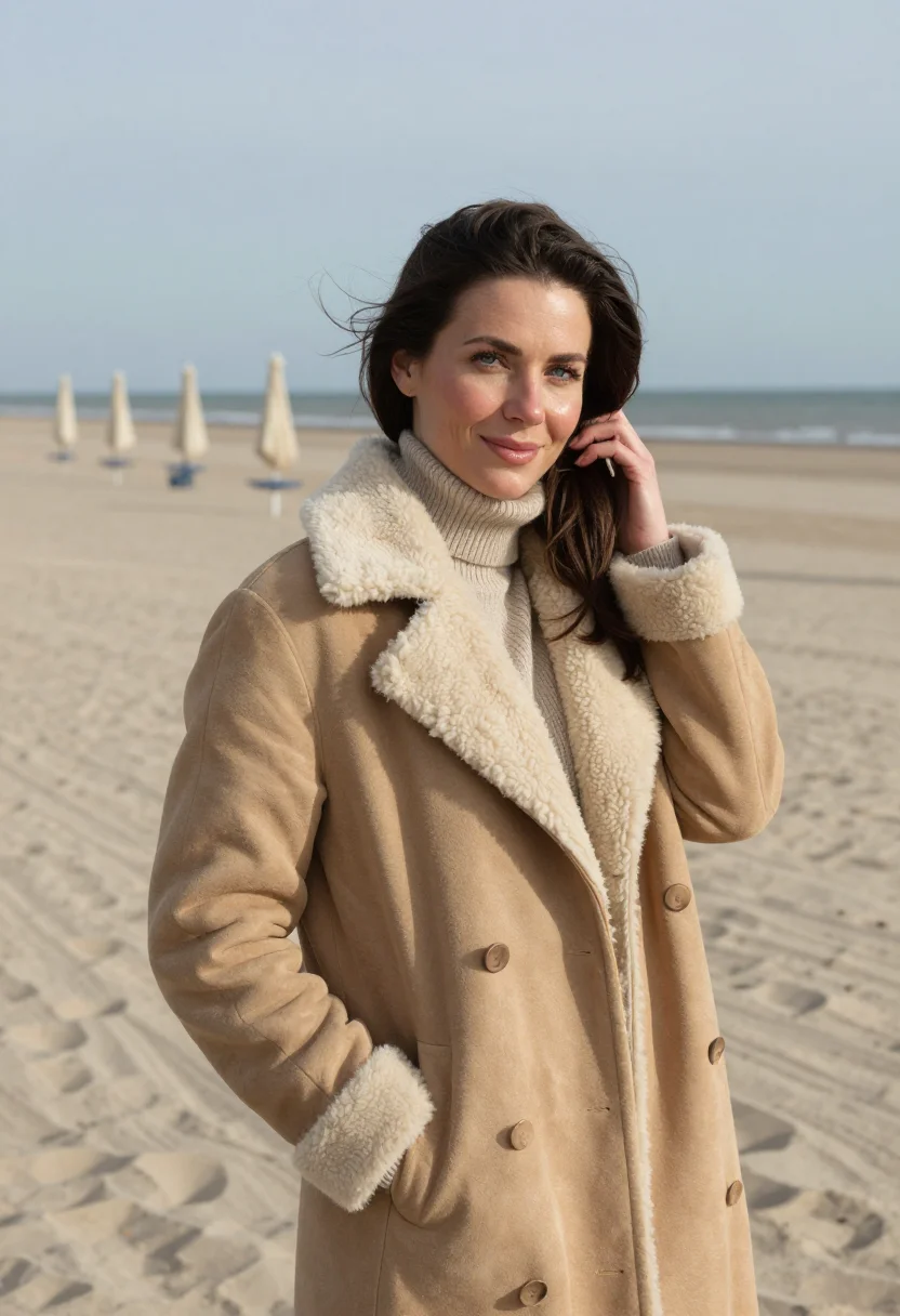 AI deauville planches november sheepskin sample — portrait of a woman, framed half-length from the head to the