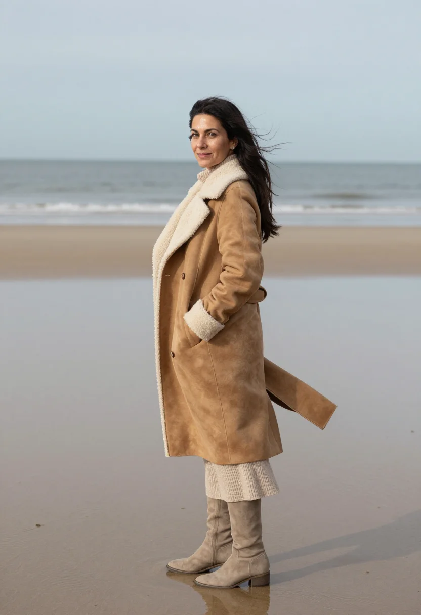 AI deauville planches november sheepskin sample — portrait of a woman, framed full-length from the head to the