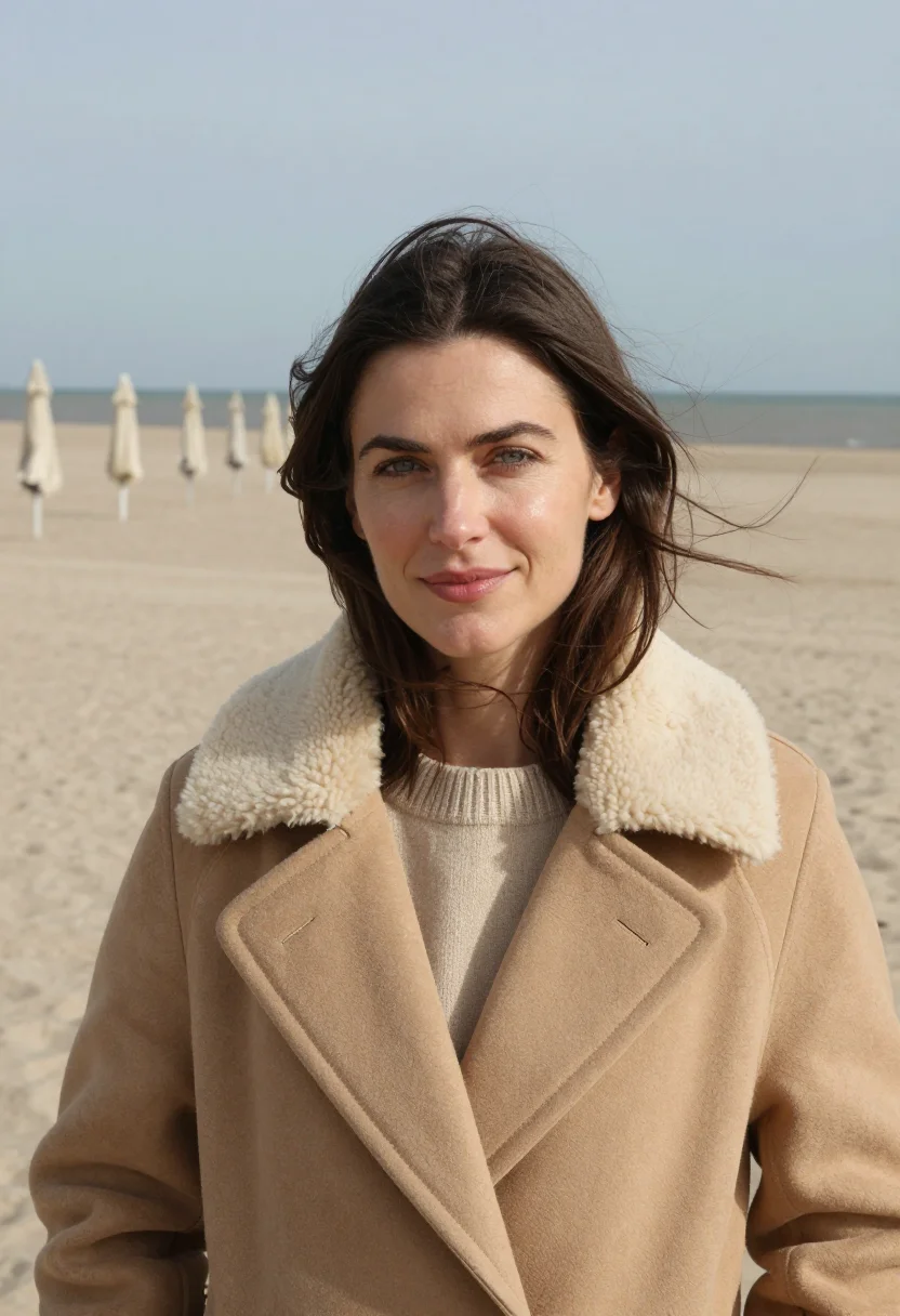 AI deauville planches november sheepskin sample — portrait of a woman, framed tight, head and shoulders, the b