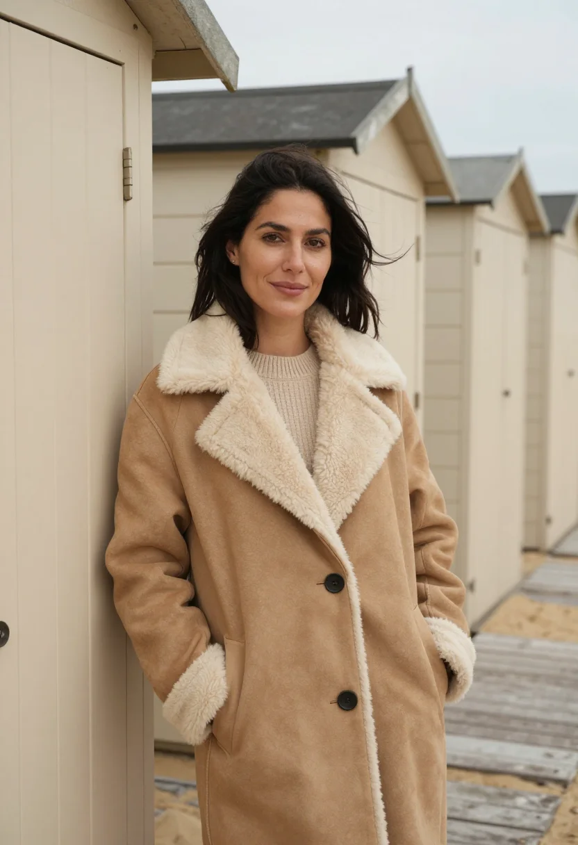 AI deauville planches november sheepskin sample — portrait of a woman, framed waist-up from the head to the wa