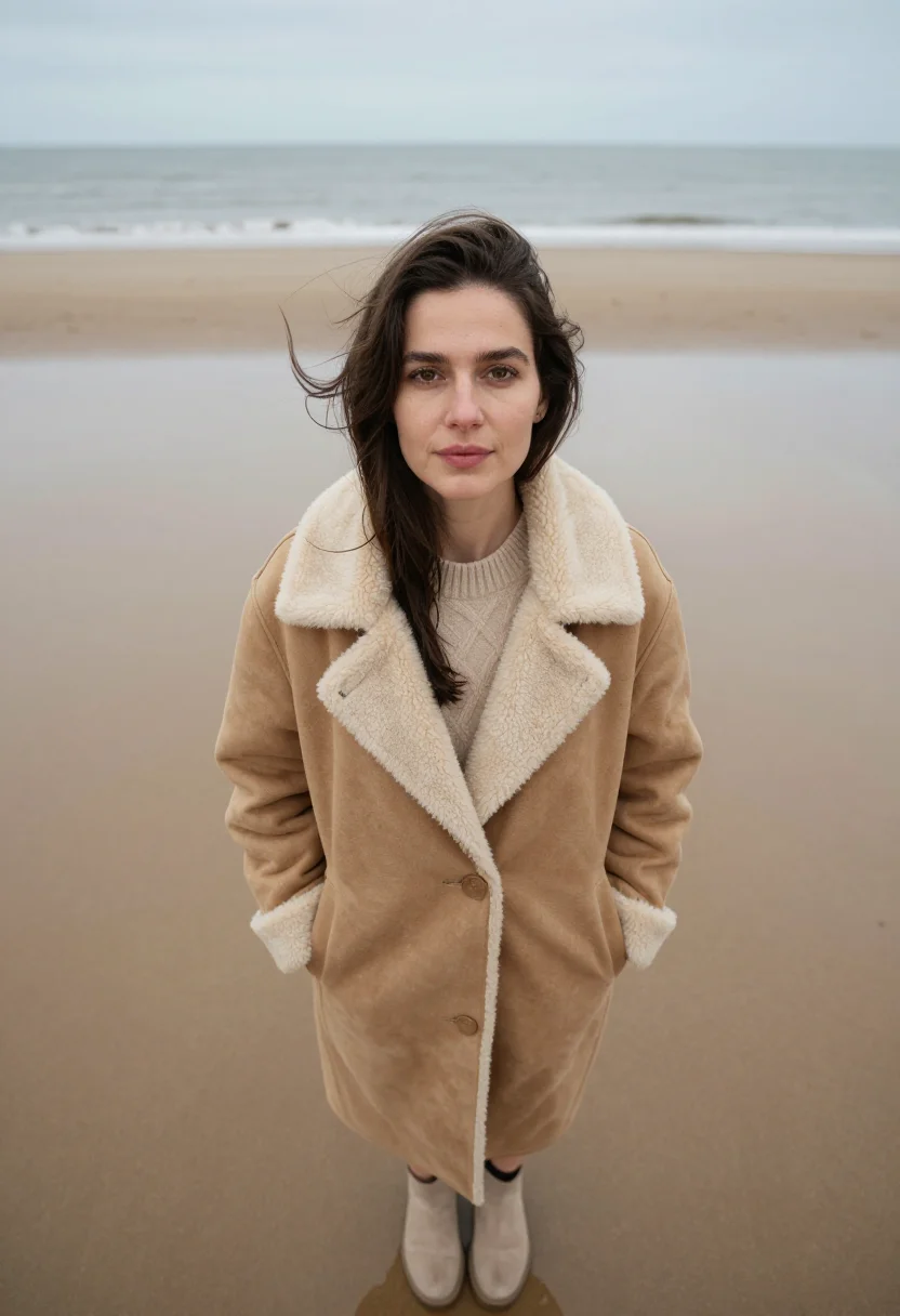 AI deauville planches november sheepskin sample — portrait of a woman, framed tight, head and shoulders, the b