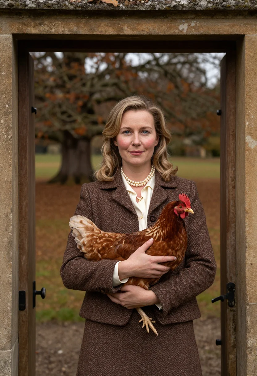 AI debo chatsworth shooting lunch tweed sample — portrait of a woman, framed chest-up, the camera at eye leve