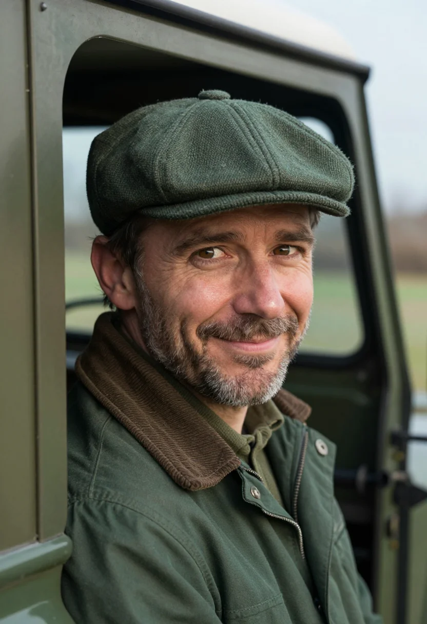 AI defender frost green sample — portrait of a man, framed tight on the face from the crown t