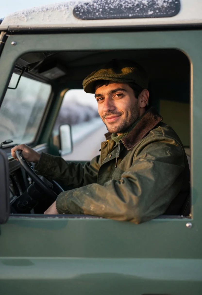 AI defender frost green sample — portrait of a man, framed chest-up to the ribs, the body clo