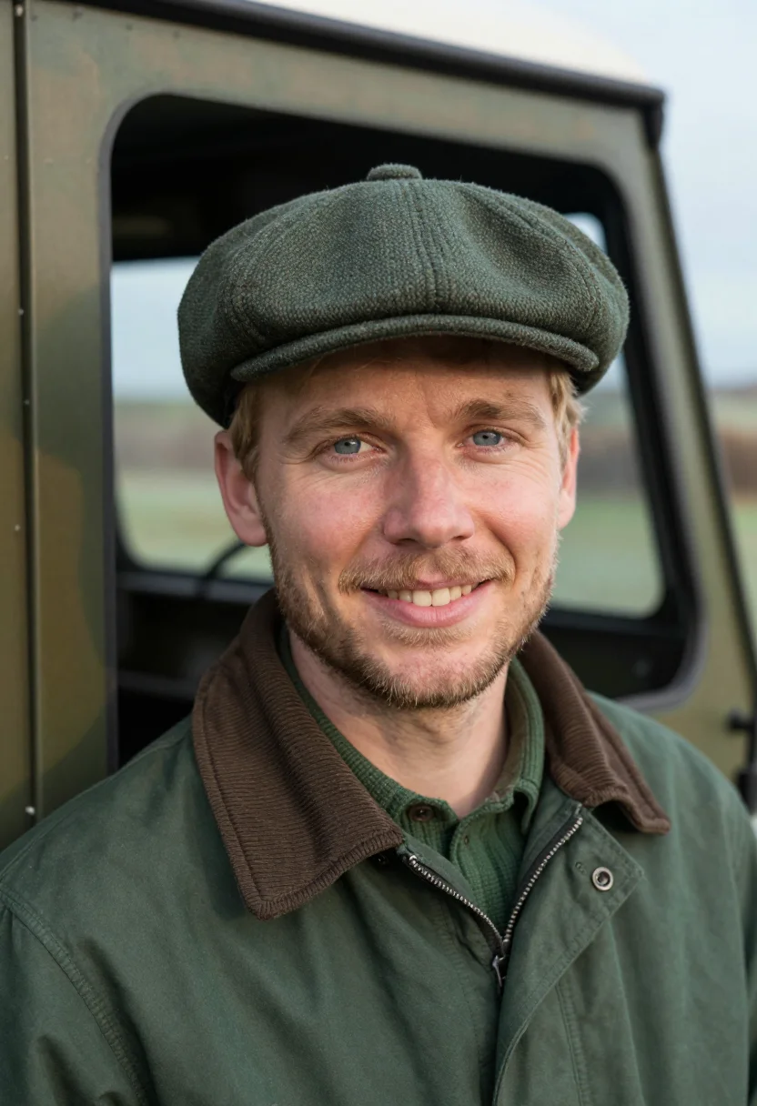 AI defender frost green sample — portrait of a man, framed tight on the face from the crown t