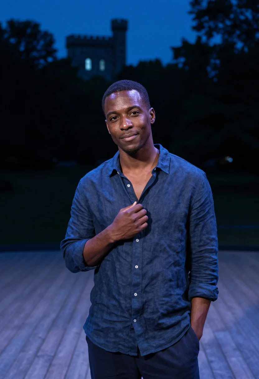 AI delacorte shakespeare actor moonlight sample — portrait of a man, framed chest-up, cropped at the ribs, the
