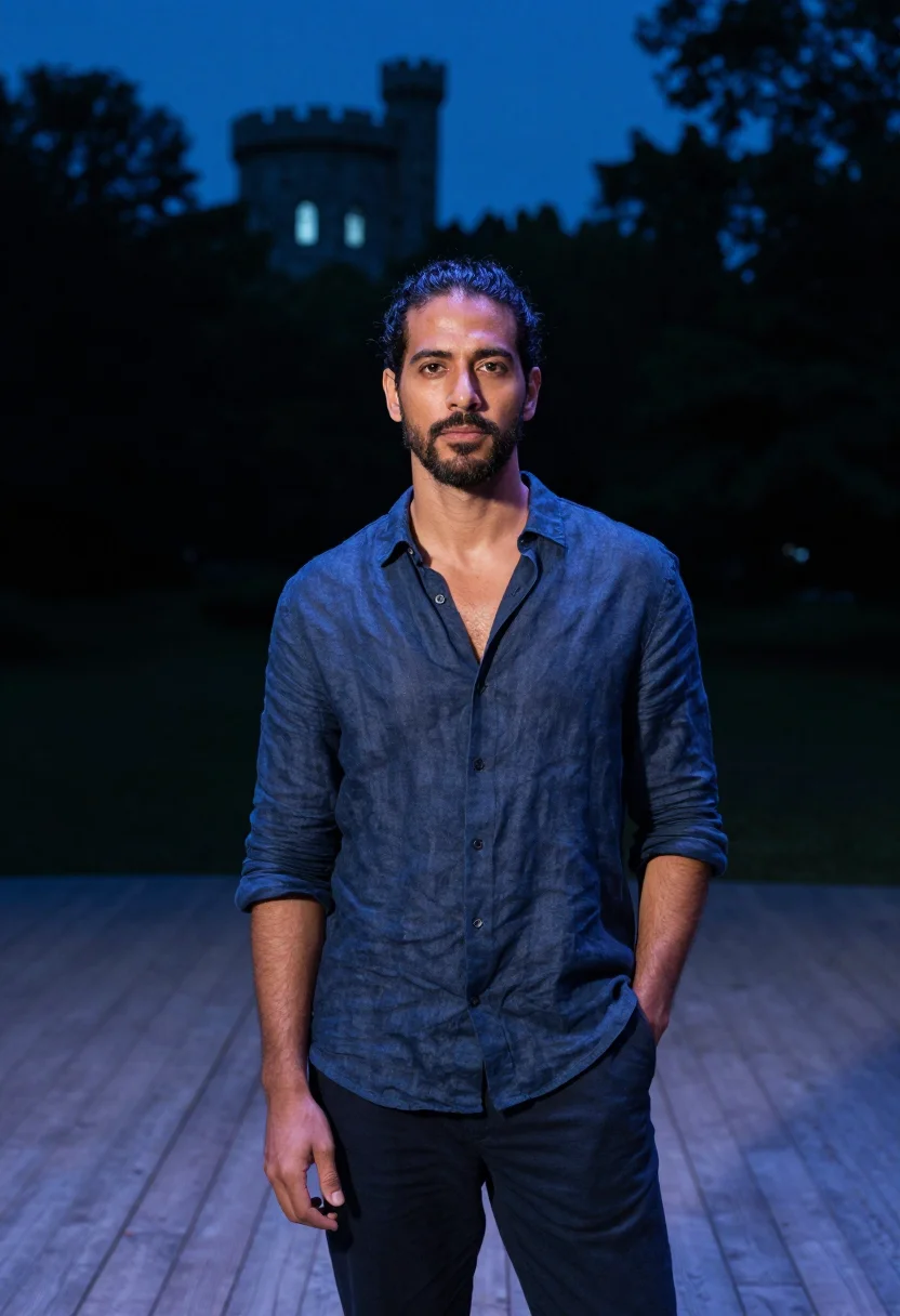 AI delacorte shakespeare actor moonlight sample — portrait of a man, framed at half-length, cropped at the hip