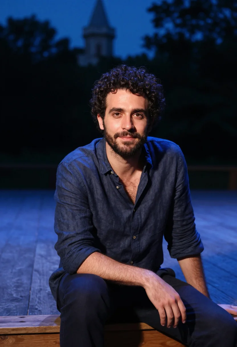 AI delacorte shakespeare actor moonlight sample — portrait of a man, framed chest-up, cropped at the ribs, the