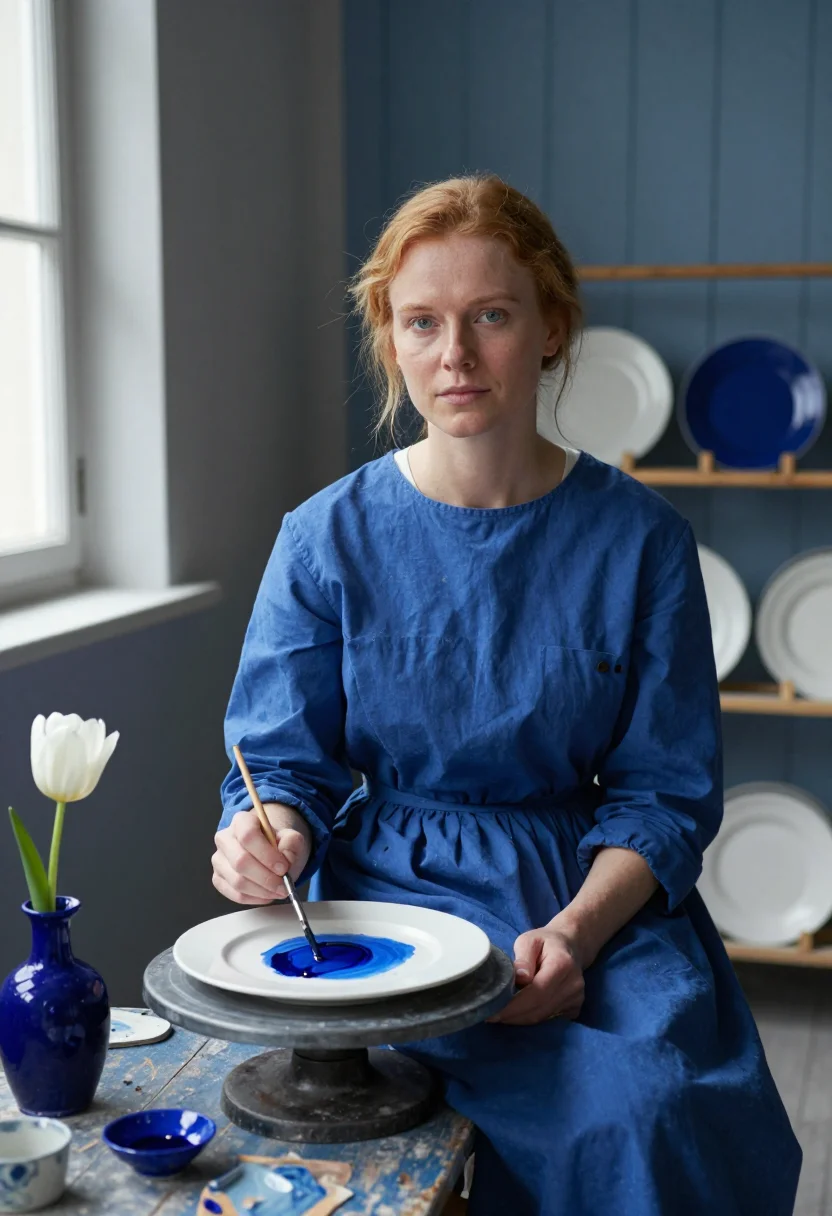 AI delft blue sample — portrait of a woman, chest-up portrait of a Dutch woman in h