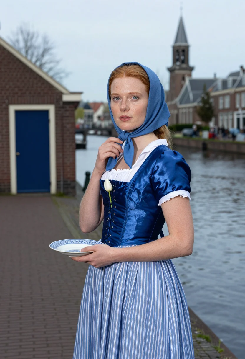 AI delft blue sample — portrait of a woman, three-quarter-length portrait of a Dutc