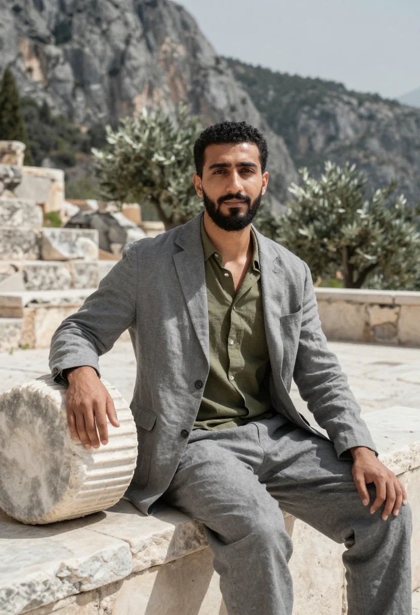 AI delphi archaeologist grey olive sample — portrait of a man, half-length portrait of a Middle-Eastern