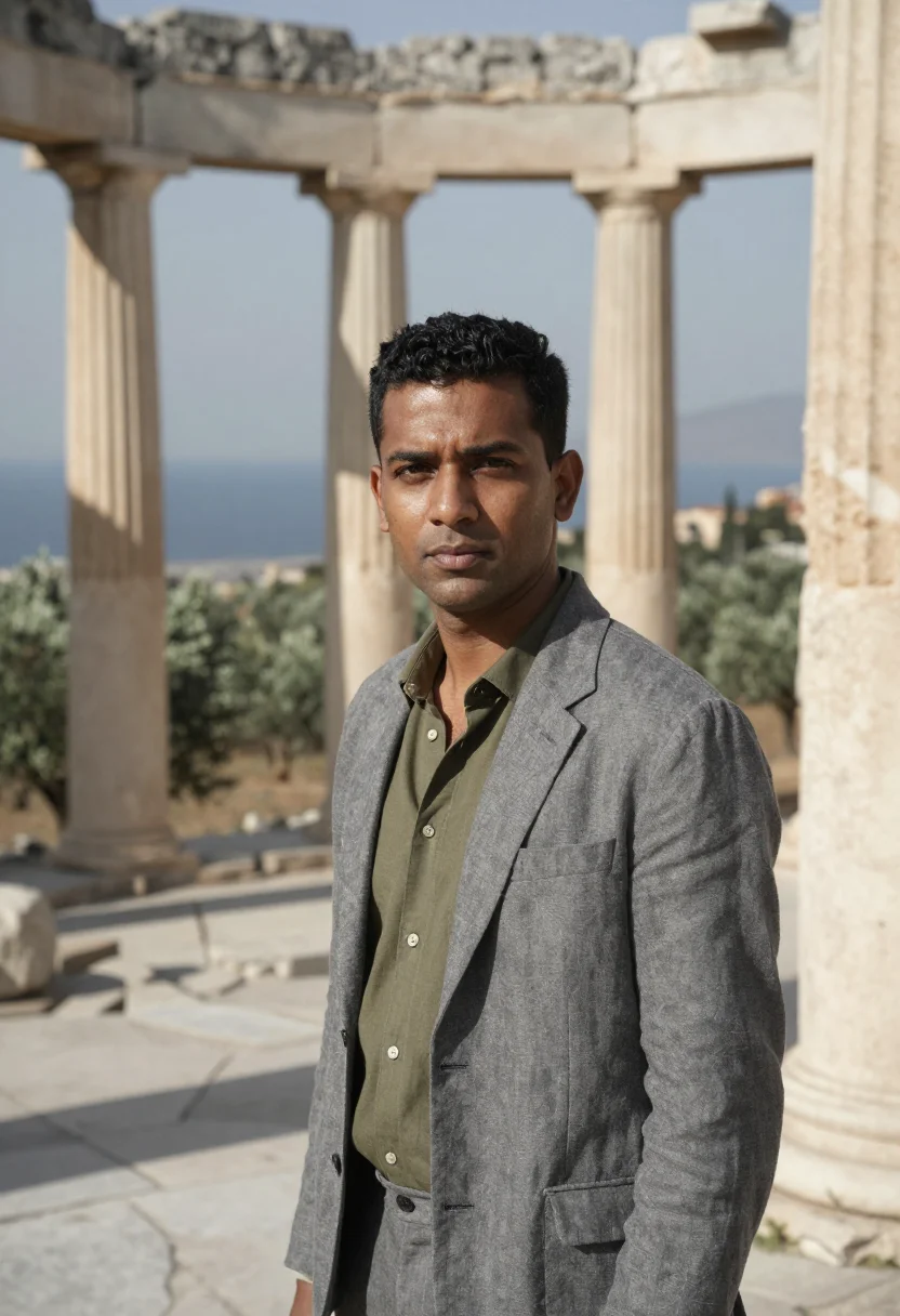 AI delphi archaeologist grey olive sample — portrait of a man, head-and-shoulders portrait of a South-As