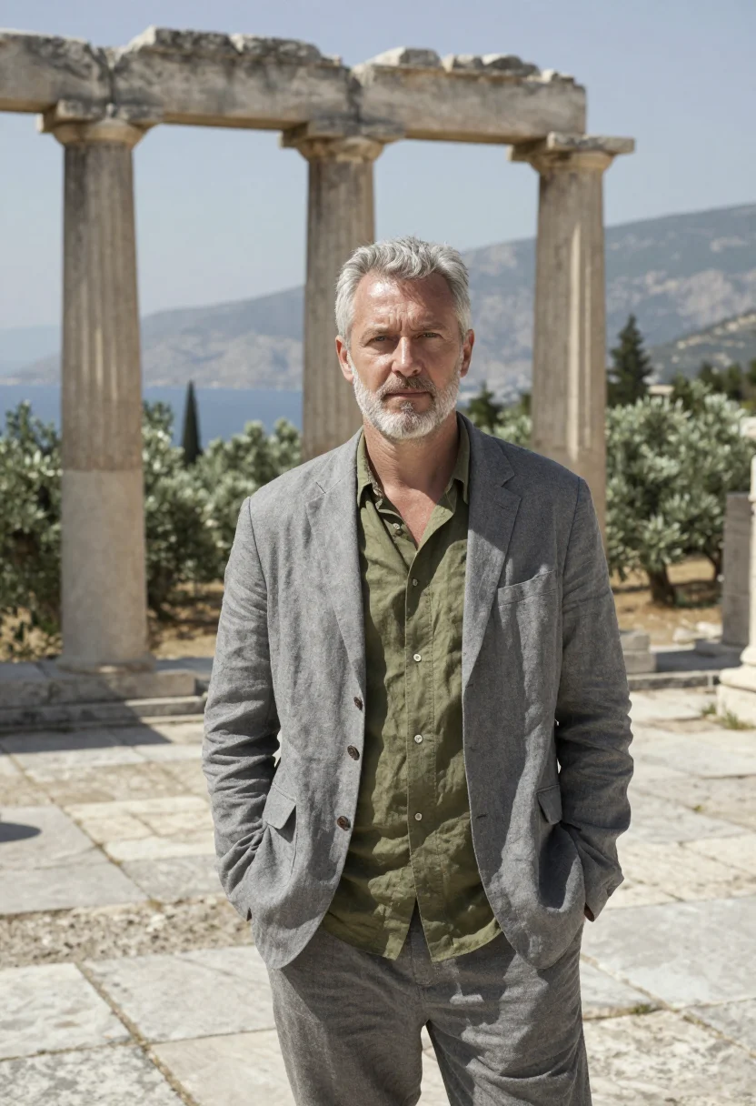 AI delphi archaeologist grey olive sample — portrait of a man, half-length portrait of a Western-Europea