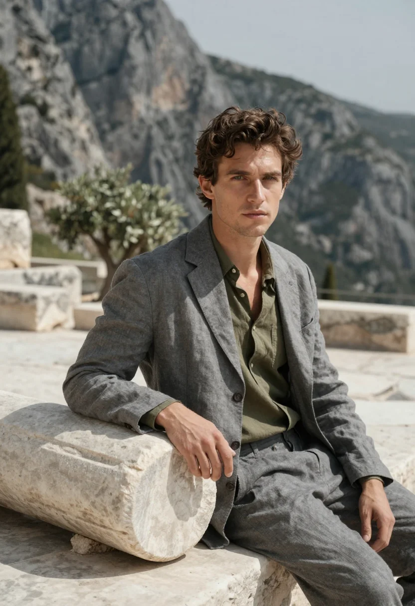 AI delphi archaeologist grey olive sample — portrait of a man, chest-up portrait of a Western-European m