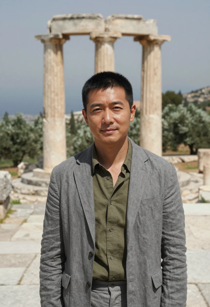 AI delphi archaeologist grey olive sample — portrait of a man, chest-up portrait of an East-Asian man in