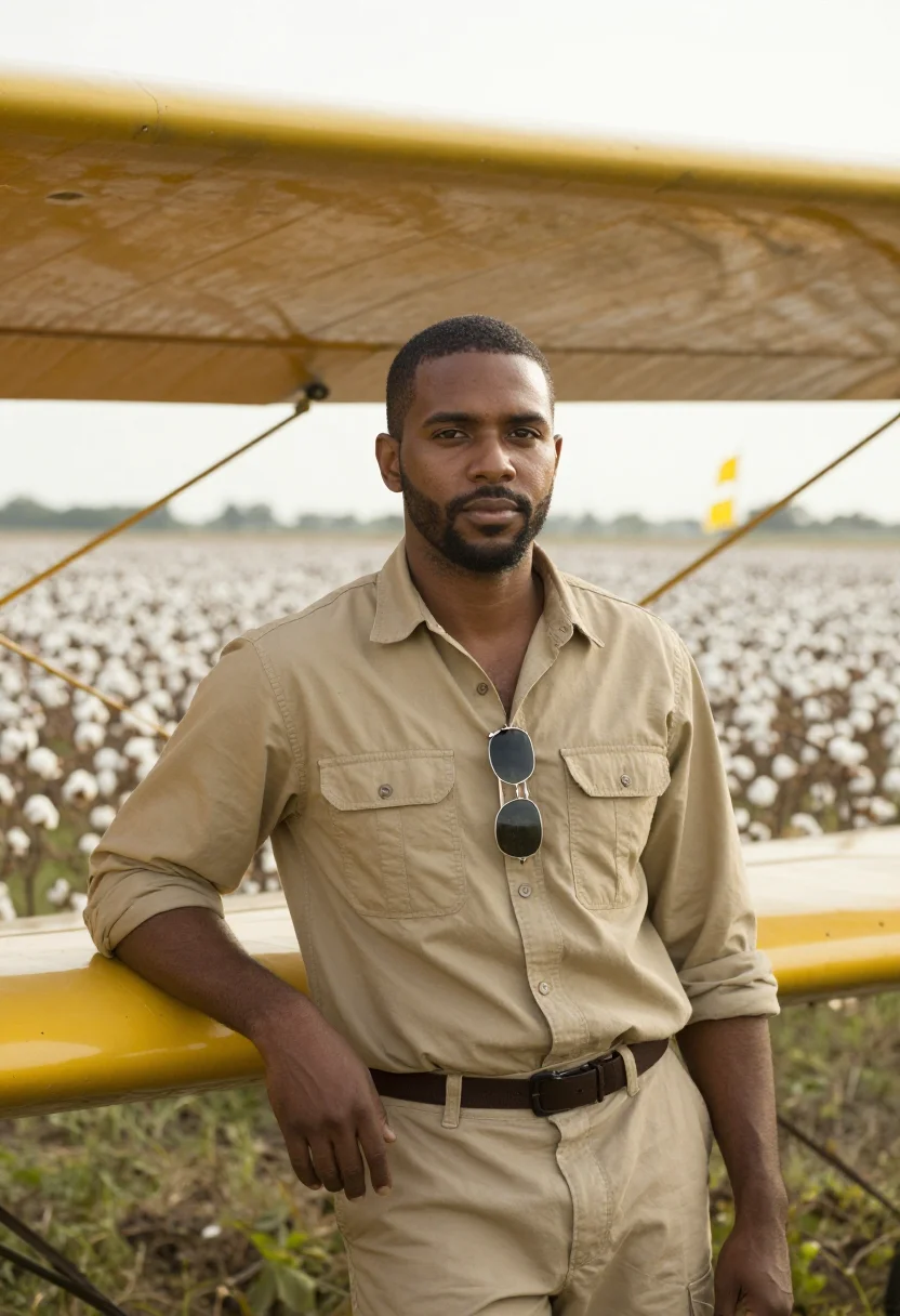 AI delta crop duster yellow sample — portrait of a man, in his late thirties, Black American, wit