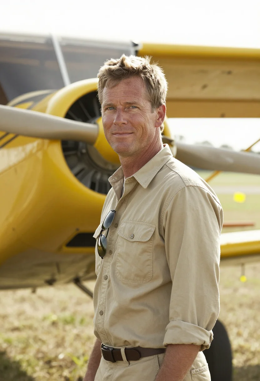 AI delta crop duster yellow sample — portrait of a man, in his mid-forties, with sun-weathered ta