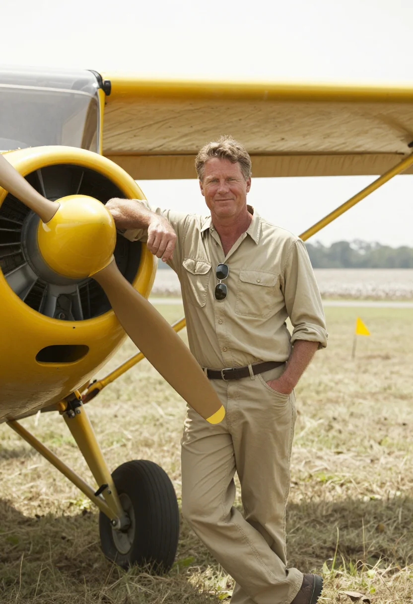 AI delta crop duster yellow sample — portrait of a man, in his mid-forties, with sun-weathered ta