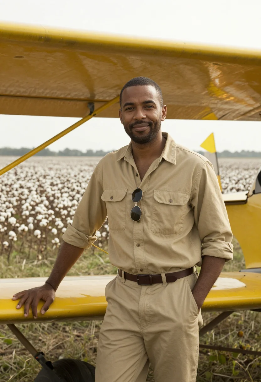 AI delta crop duster yellow sample — portrait of a man, in his late thirties, Black American, wit