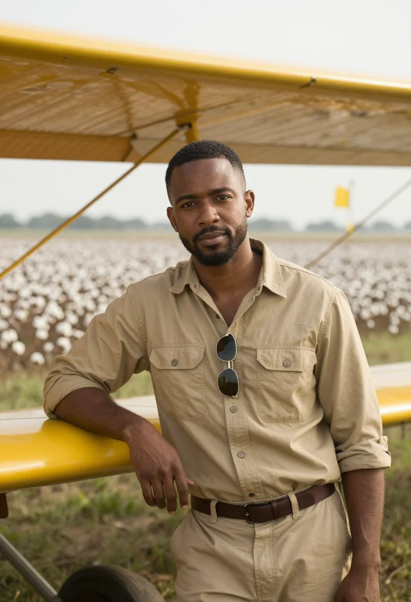 AI delta crop duster yellow sample — portrait of a man, in his late thirties, Black American, wit