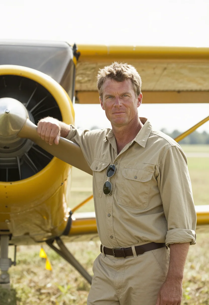 AI delta crop duster yellow sample — portrait of a man, in his mid-forties, with sun-weathered ta