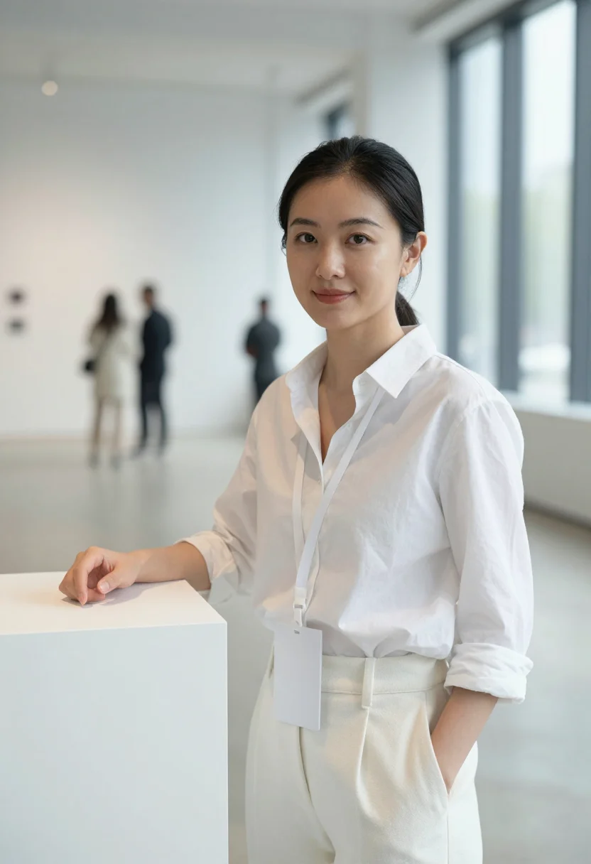AI demo day white wall sample — portrait of a woman, framed chest-up, the crop at the lower