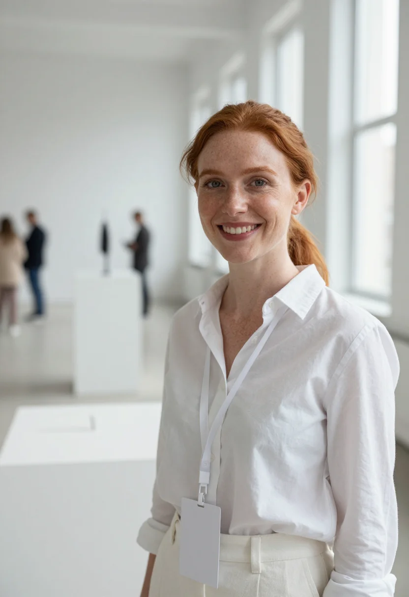 AI demo day white wall sample — portrait of a woman, framed tight, head and shoulders, the b