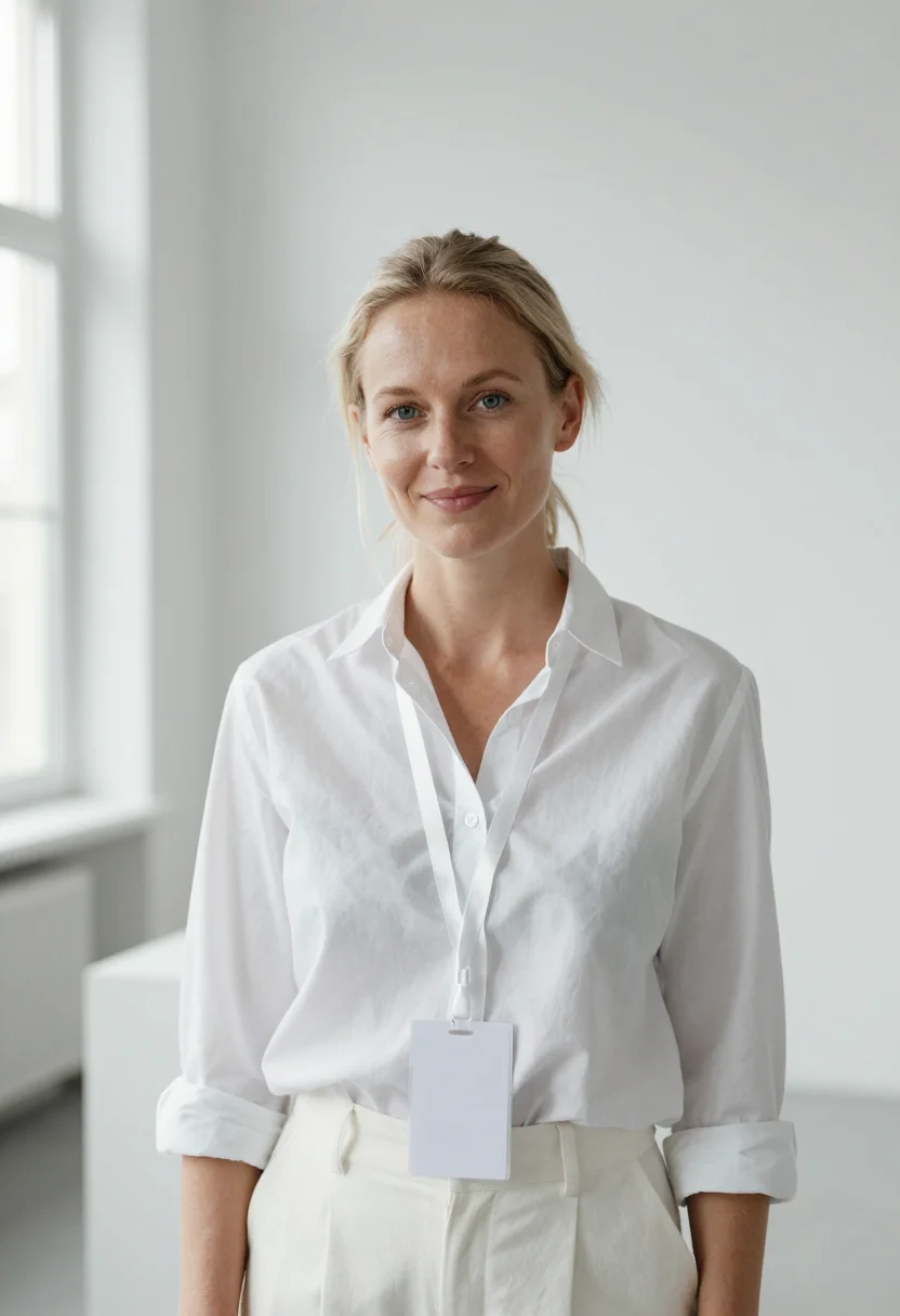 AI demo day white wall sample — portrait of a woman, framed chest-up, the crop at the lower