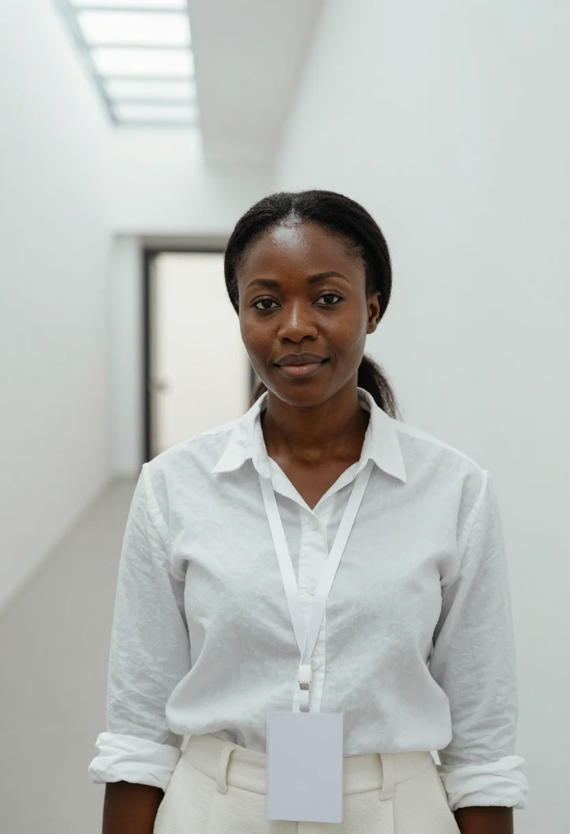 AI demo day white wall sample — portrait of a woman, framed tight, head and shoulders, the b