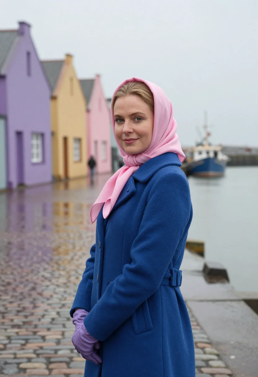 AI deneuve umbrellas cherbourg palette sample — portrait of a woman, framed chest-up, the crop at the breast