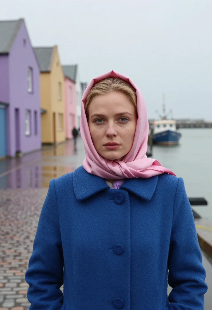 AI deneuve umbrellas cherbourg palette sample — portrait of a woman, framed tight, head and shoulders, the b