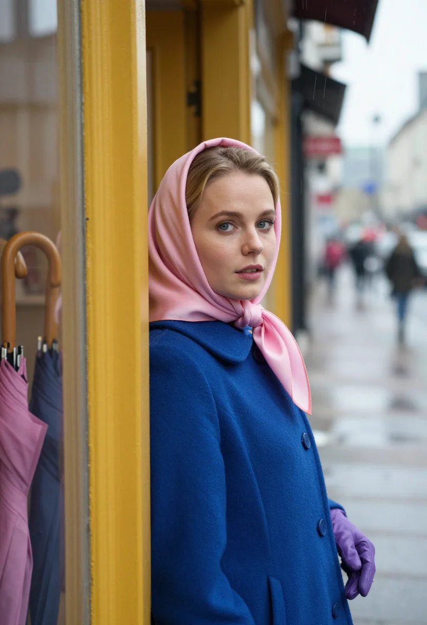 AI deneuve umbrellas cherbourg palette sample — portrait of a woman, framed tight, head and shoulders, the b