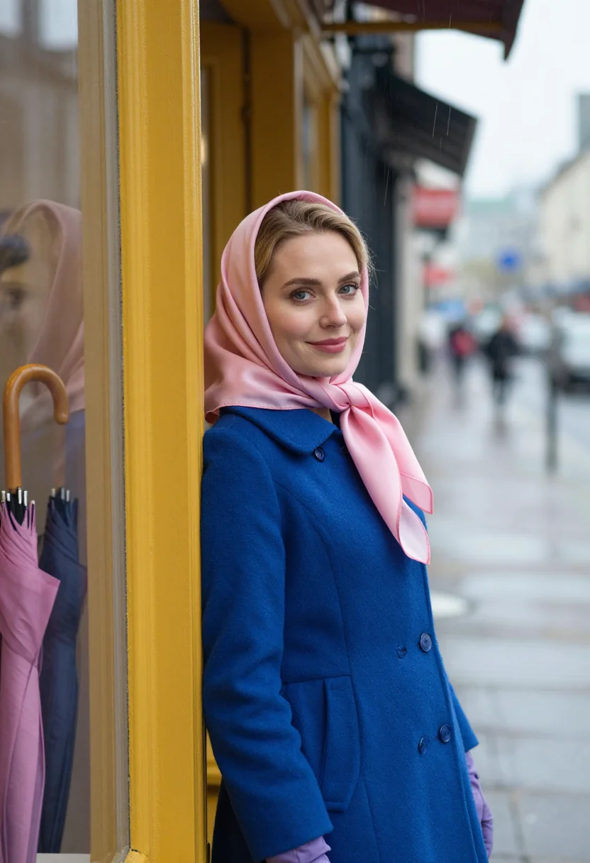 AI deneuve umbrellas cherbourg palette sample — portrait of a woman, framed chest-up, the crop at the breast