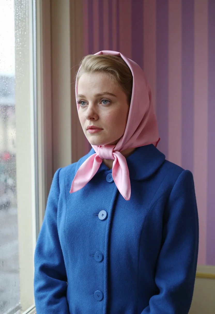 AI deneuve umbrellas cherbourg palette sample — portrait of a woman, framed chest-up, the crop at the breast