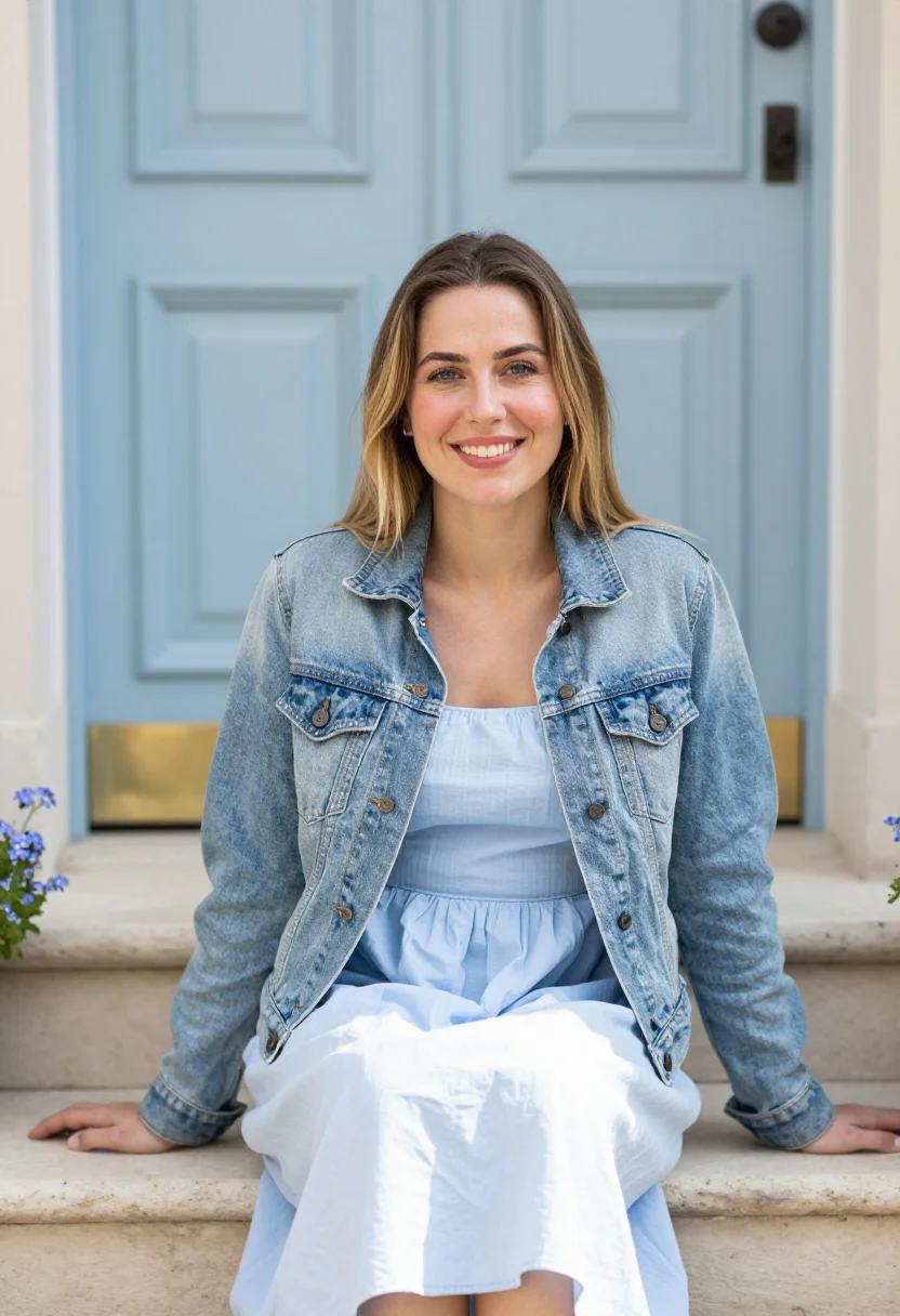 AI denim jacket sundress spring profile sample — portrait of a woman, framed chest-up, cropped at the ribs, t