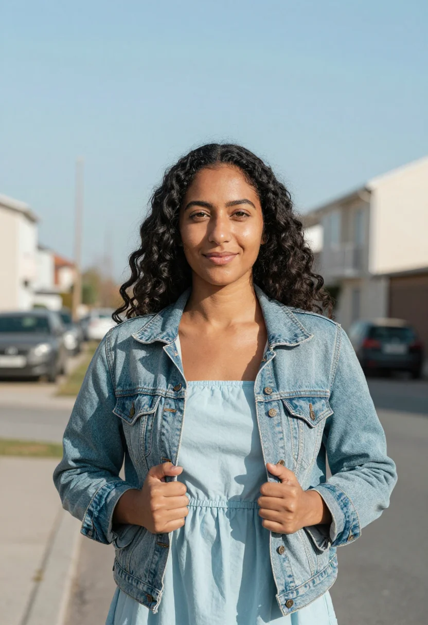 AI denim jacket sundress spring profile sample — portrait of a woman, framed tight, head and shoulders, the b