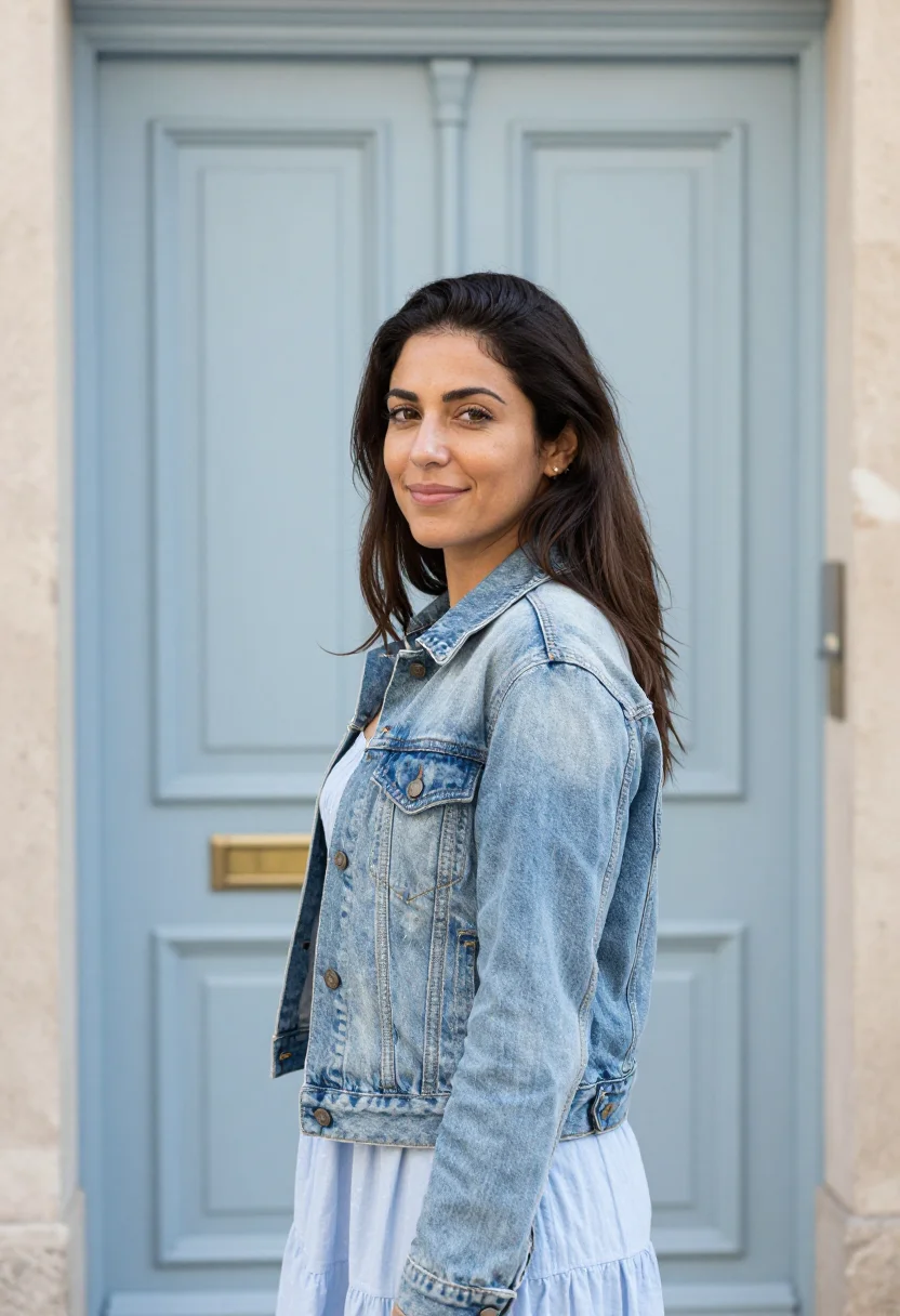 AI denim jacket sundress spring profile sample — portrait of a woman, framed chest-up, cropped at the ribs, t