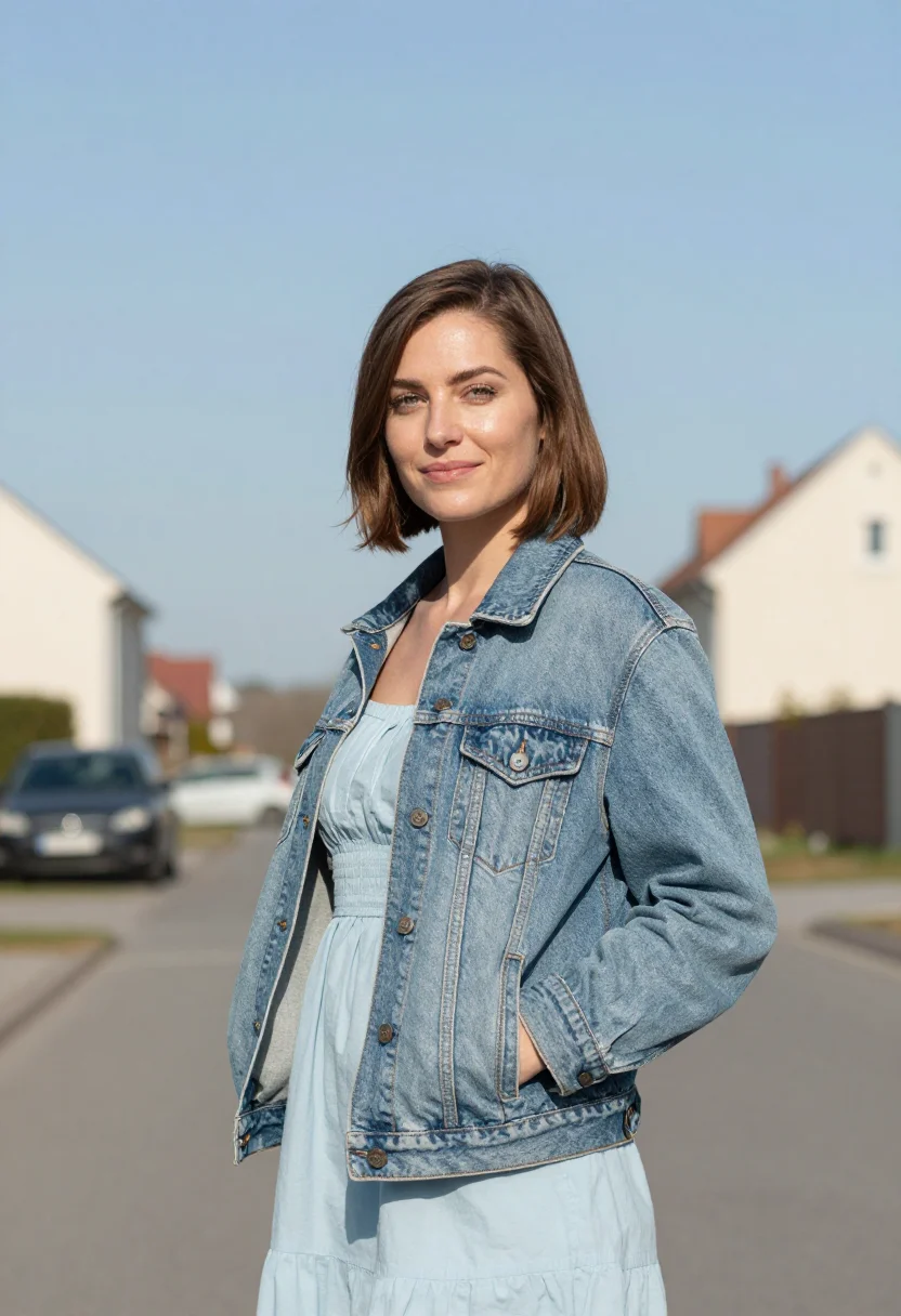 AI denim jacket sundress spring profile sample — portrait of a woman, framed chest-up, cropped at the ribs, t
