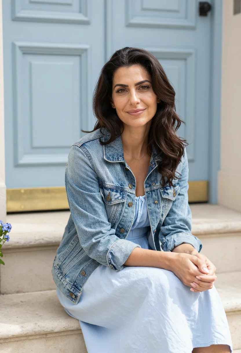 AI denim jacket sundress spring profile sample — portrait of a woman, framed tight, head and shoulders, the b