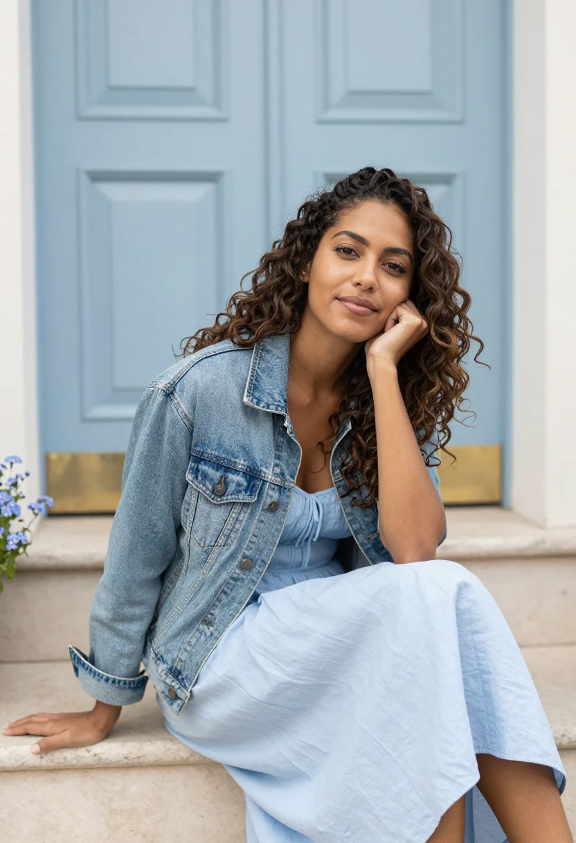 AI denim jacket sundress spring profile sample — portrait of a woman, framed half-length from the head to the