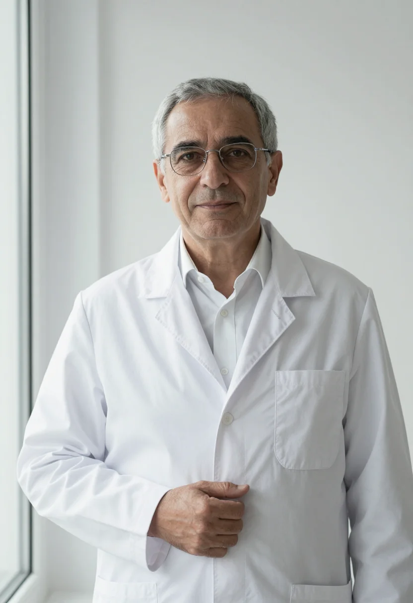 AI dermatologist white november sample — portrait of a man, framed chest-up, cropped at the ribs, the