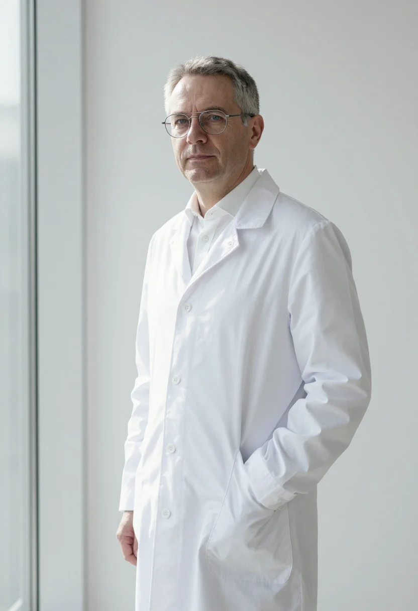 AI dermatologist white november sample — portrait of a man, framed three-quarter length, cropped at m