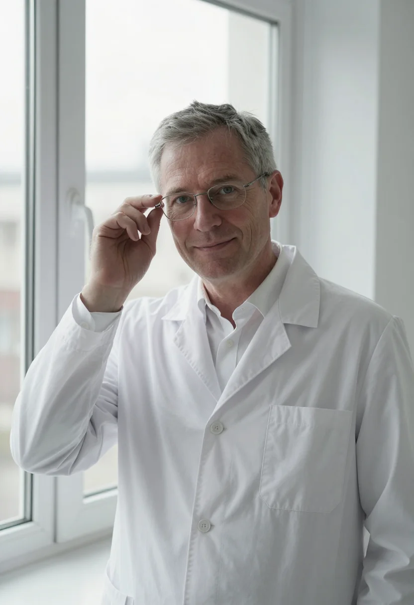 AI dermatologist white november sample — portrait of a man, framed chest-up, cropped at the ribs, the
