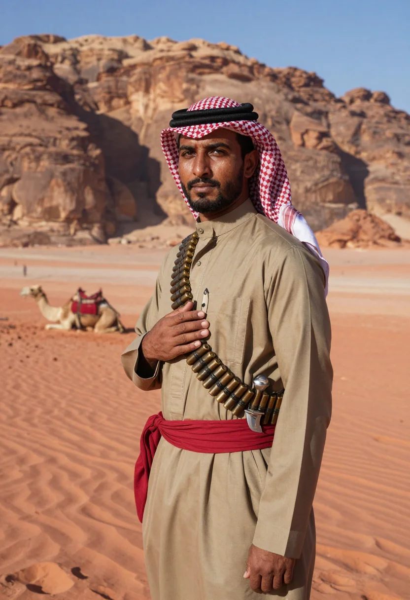 AI desert patrol sample — portrait of a man, chest-up portrait of a Jordanian Bedouin