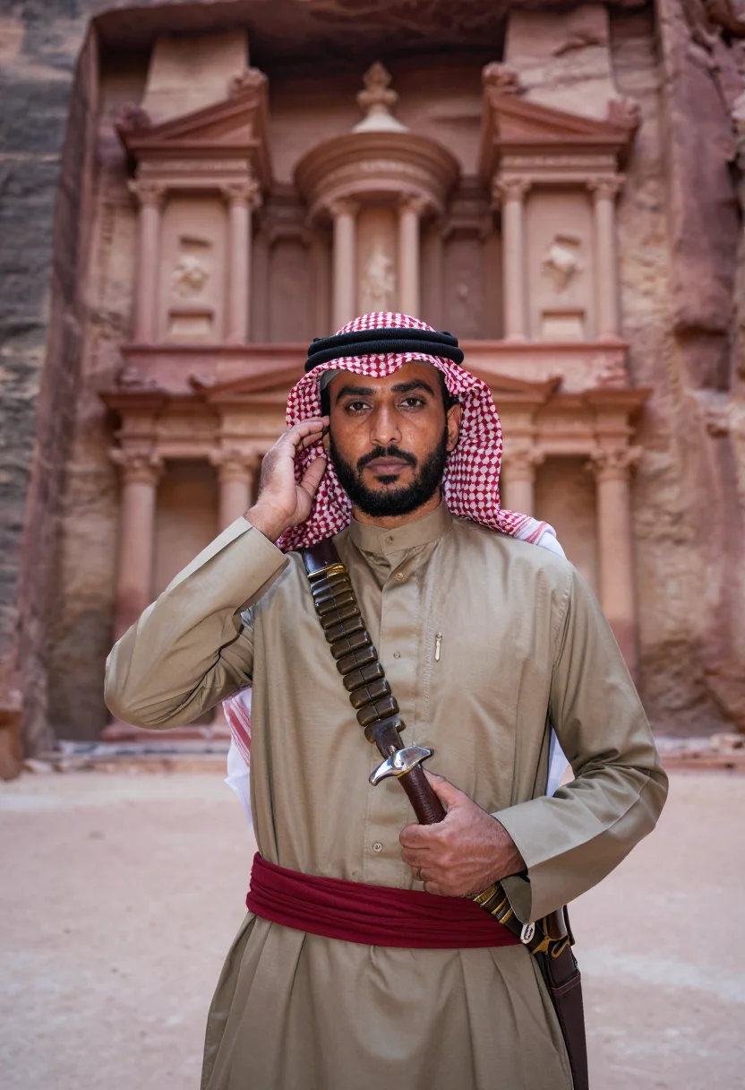 AI desert patrol sample — portrait of a man, chest-up portrait of a Jordanian Bedouin