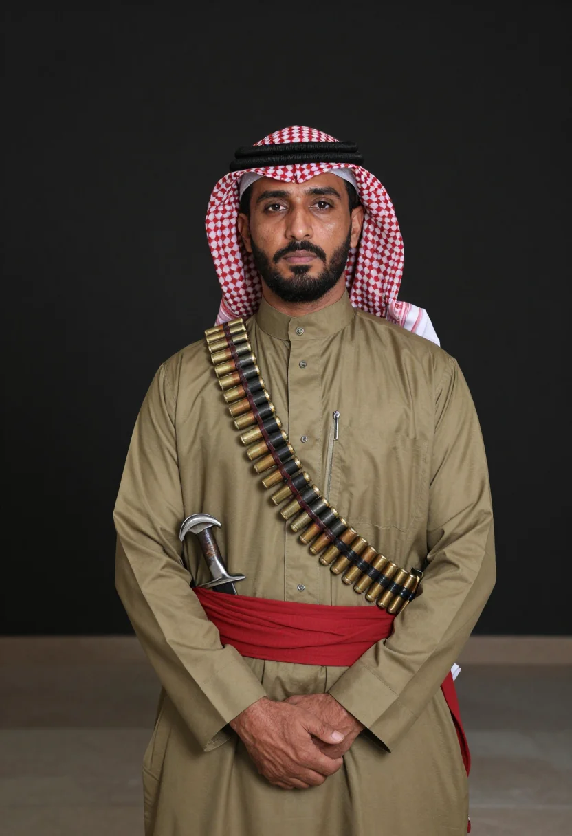 AI desert patrol sample — portrait of a man, chest-up portrait of a Jordanian Bedouin